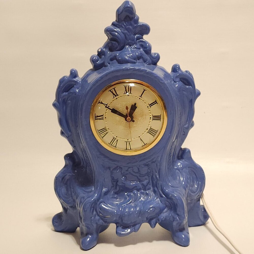 Vintage Blue Lanshire Mantle Clock Holland Mold Ornate Antique Porcelain Works